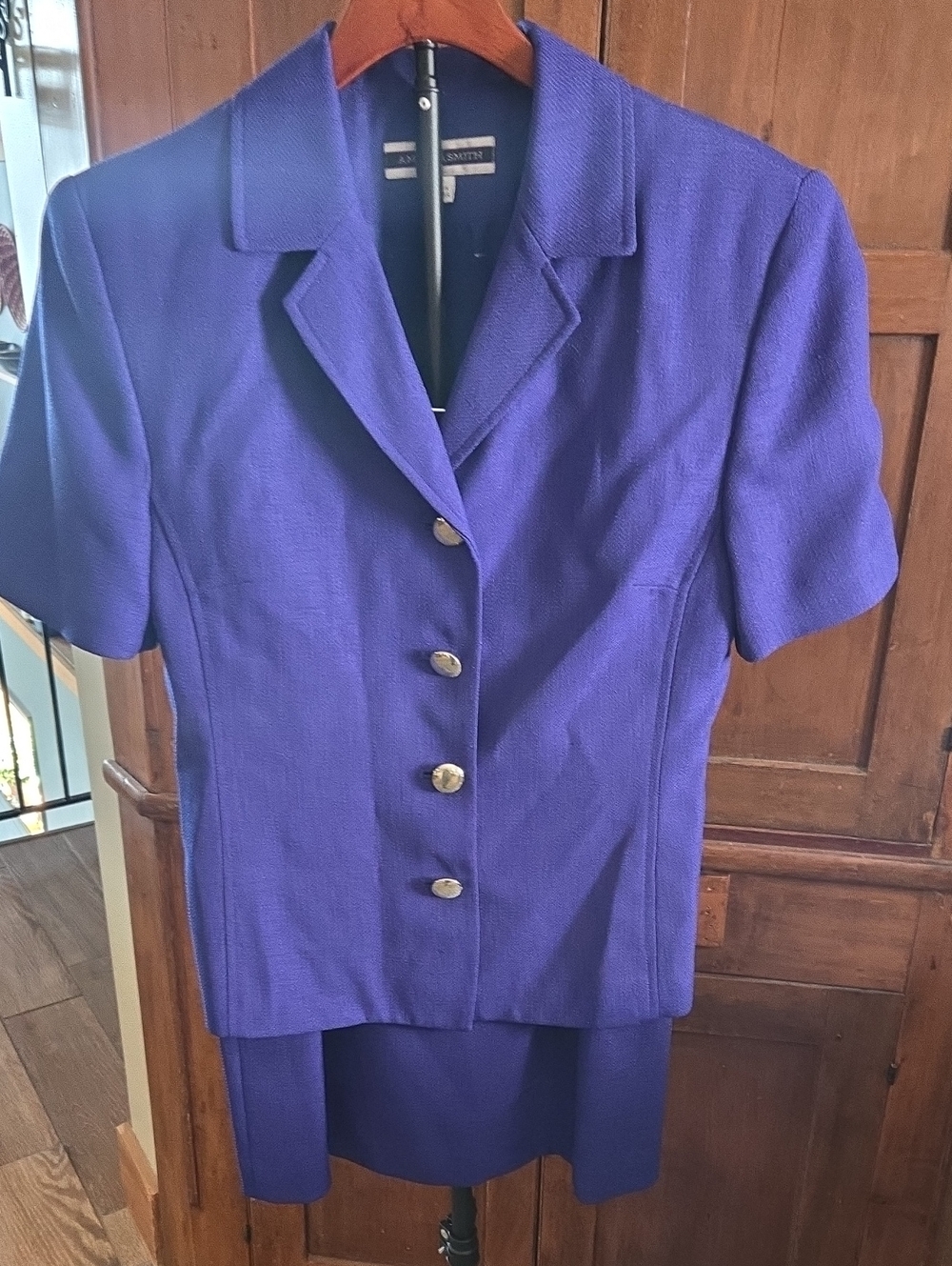 Anne Klein Vibrant Blue Short-Sleeve Blazer with Gold Buttons